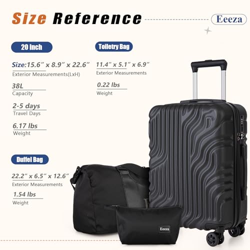 Eeeza Carry On Luggage Se t 22x14x9 Airline Approved, 3 Piece 20 Inch Lightweight ABS Hardside Suitcases with Spinner Wheels and TSA Lock
