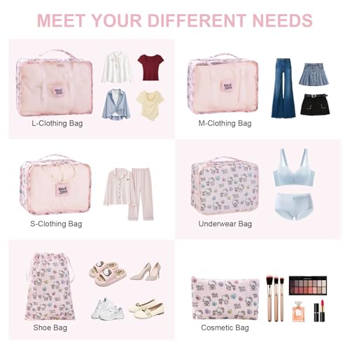 AmBealla 6 Set Travel Organizer,Packing Cubes for Travel Luggage Organizer Bags,Waterproof Pink Twill,Cute Packing Organizers for Business/Vacation,Women's Clothes Storage
