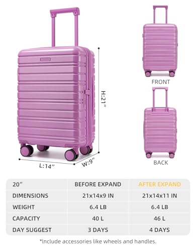 LARVENDER Carry On Luggage 22x14x9 Airline Approved, 20 Inch Expandable PC+ABS Hardside Suitcase Carry On Luggage with Spinner Wheels TSA Lock for Women Men (Berry)