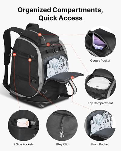 VEVOR Ski Boot Bag, 65L, Snowboard Boots Travel Backpack for Men Women, with Waterproof Exterior & Bottom, Durable 1680D Oxford, Bag for Skis, Snowboard, Helmet, Goggles, Gloves, Accessories (Black)