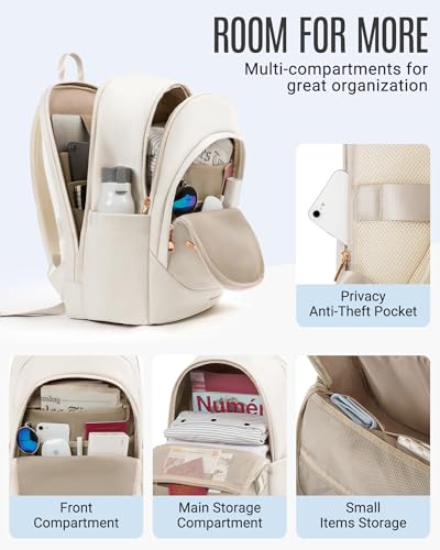 LIGHT FLIGHT Travel Laptop Backpack for Women, 15.6 Inch Backpack with USB Charging Hole, Water Resistant College Bookbag, Large Capacity Black Computer Backpacks for Work, Warm Beige