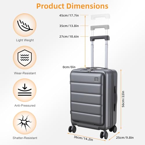 20-Inch Carry-On Luggage with USB Port – ABS+PC Hard Shell Suitcase TSA Lock 360° Spinner Wheels – Lightweight Airline-Approved Travel Bag with Cup Holder & Side Hooks for Business Trips Dark Gr