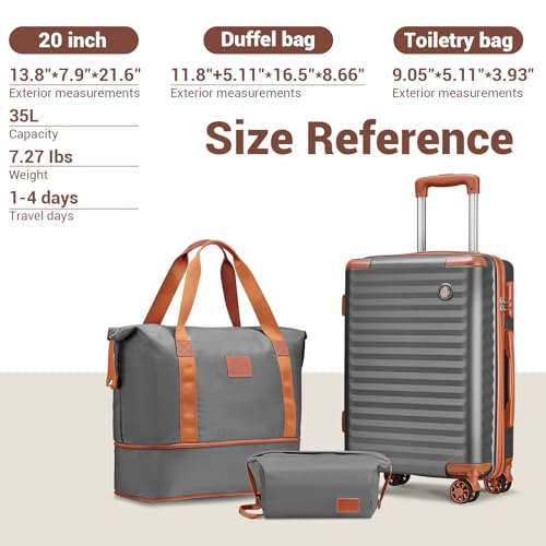 Joyway Carry on Luggage Sets 3 Piece with Spinner Wheels,Hardside 20 Inch Carry-on Suitcase 22x14x9 Airline Approved with Combination Lock, Grey Brown