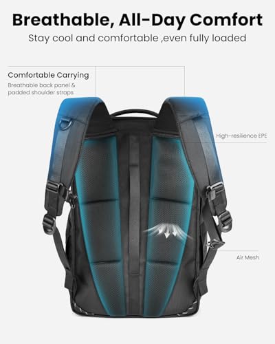 KURANEST Portal Travel Backpack for Men Women, 28L/38L Expandable Carry On Backpack, TSA Friendly Flight Approved Luggage Sleeve, Water Resistant Business Laptop Backpack for Travel Work Commute