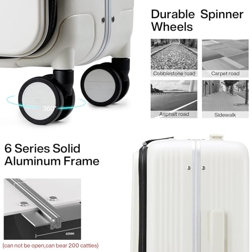 Hanke 24 Inch Checked Luggage with Front Pocket Aluminum Frame （Can Not Open in The Middle）Hard Shell Suitcases with Wheels Rolling Luggage Suitcase with Lock Travel Luggage for Weekender-Smoke White