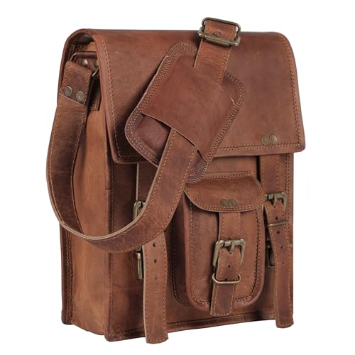 Leather crossbody bag messenger satchel tablet bag 11 inches for men and women (Brown)