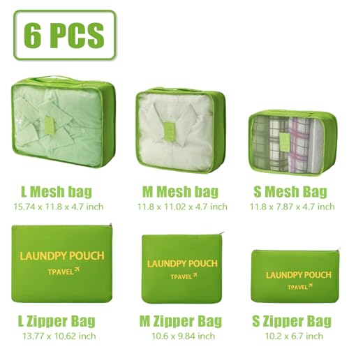 6 Set Packing Cubes for Travel Luggage Organizer Bags Reusable washable Suitcase Packing Cubes Set Travel Accessories Essentials (Green)