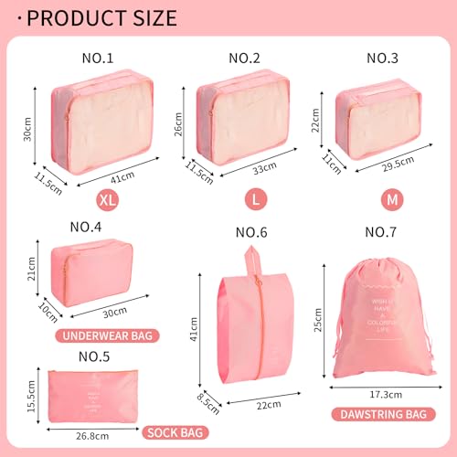7PCS Packing Cubes for Suitcases, Travel Luggage Organizer Bags, Suitcase Organizer Bags Set for Carry on Luggage Travel Essentials, Pink