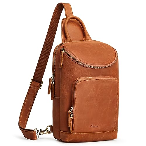 S-ZONE Sling Bag for Women Men Genuine Leather Vintage Crossbody Chest Bags Backpack Daypack Outdoor Travel