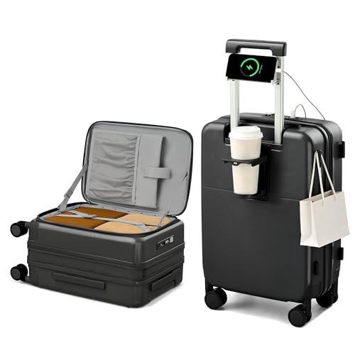Hanke 20 Inch Expandable Carry On Luggage with Cup Holder 22x14x9 Airline Approved, Top Opening Hard Shell Suitcases with Wheels, Carry-On Travel Suitcase Trunk Luggage with Lock, Jet Black