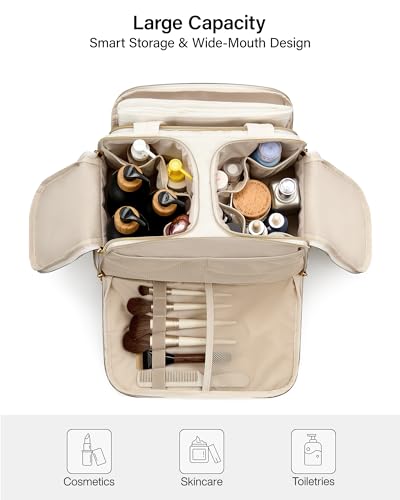 Hanke Travel Toiletry Bag, Lightweight Wide-open Large Toiletry Bags for Women, Dual-Layer Makeup Bag Water-Resistant Cosmetic Travel Bag with Handle for Accessories, Essentials, Off White