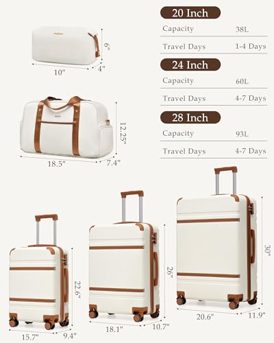 LONG VACATION Luggage Sets 5 Piece, Suitcases With Wheels, PC+ABS Hardshell Luggage Set with Spinner Wheels, TSA Lock (White Brown)