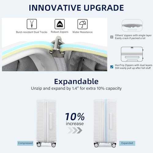 HanTrip Hard Shell Suitcases Expandable Travel Luggage Sets 3 Piece, Carry on and Check in 3 Piece Luggage Suitcase Sets with Spinner Wheels Cup Holder Charger Built in (White, 20/24/28)