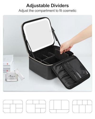 Chomeiu Makeup Bag with LED Mirror, Travel Makeup Case for Women and Makeup Artists Cosmetic Organizer Large Make Up Bags with Light Up Mirror, 3 Color Lights, Adjustable Dividers and Brush Holder