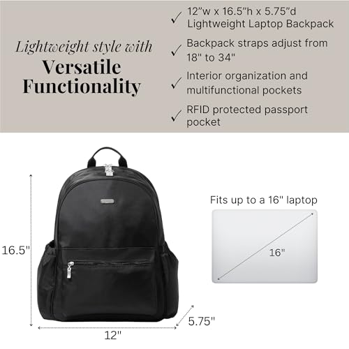 Baggallini Essential Laptop Backpack - 16x12 Inch Travel Backpack with 16" Laptop Sleeve - Lightweight Luggage Backpack
