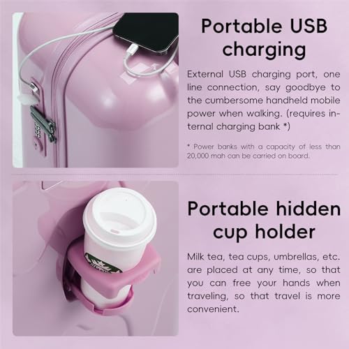 ROAMING 20-Inch Purple Carry On Luggage Airline Approved Lightweight PC Hardside Rolling Suitcase with TSA Lock Cup Holder USB Charging Port and Spinner Wheels for Women Ice cream suitcase