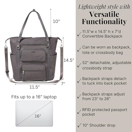 Baggallini Nolita Convertible Backpack - 11x14” Travel Backpack Shoulder Tote Crossbody Bag w/RFID Tech, Luggage Sleeve & Laptop Pocket