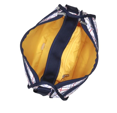 LeSportsac Modern Tattersall Deluxe Everyday Crossbody Bag + Cosmetic Bag, Style 7507/Color E839, Classic Navy & Bold Red Unite on Crisp White Bag, Modern Lilac Accent, Fun Interpretative Tartan Plaid