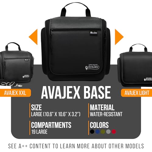 AvaJex Travel Toiletry Bag for Men - Large Dopp Kit (10.6"x10.6"x3.2") - Hanging Waterproof Mens Hygiene Organizer Bag with XXL Metal Swivel Hook, Sturdy Zippers and 19 Compartments for Toiletries
