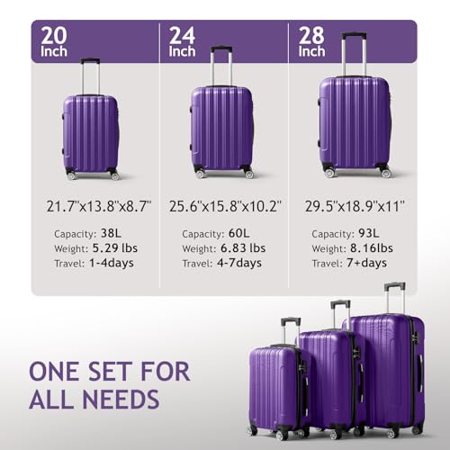 Karl home Luggage Set of 3 Hardside Carry on Suitcase Sets with Spinner Wheels & TSA lock, Portable Lightweight ABS Luggages for Travel, Business - Purple (20/24/28)