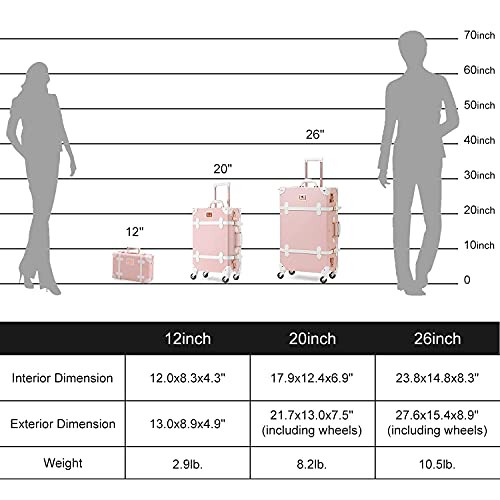 Unitravel Vintage Luggage Set, 3 Piece Retro Spinner Suitcase with Carry On Cosmetic Train Bag for Women (Embossed Pink, 26"+20"+12")