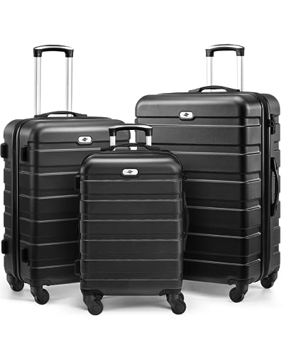 Suitour Luggage Sets 3 piece, Hardside Lightweight Suitcase sets with Spinner Wheels,TSA Lock,20/24/28 inches Travel Luggage Black