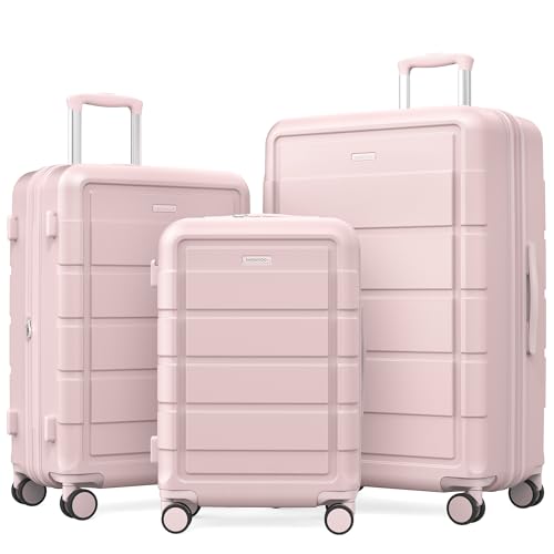SHOWKOO Upgrade Luggage Sets 3pcs 100% PC Durable Expandable Luggage Suitcase with TSA Lock Double Wheels Pink
