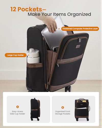 LOVEVOOK Carry On Luggage 22x14x9 Airline Approved,20 Inch Suitcases with Spinner Wheels,Softside Carry-on Suitcase with TSA Lock for Men Women Business Trip Weekender Travel,Black&brown