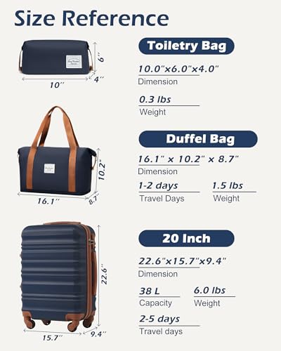 LONG VACATION Carry On Luggage Sets 3 Piece 20 Inch Suitcase Set, ABS+PC Hardshell Lightweight Travel Luggage with Spinner Wheels & YKK Zipper TSA Lock (NAVY, 20 Inch)
