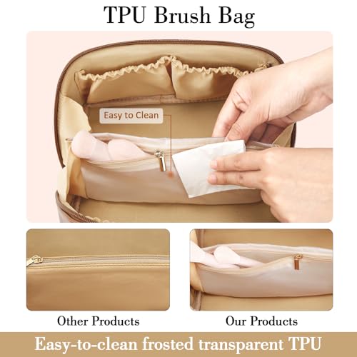 CLOUDWINGS Birthday Gifts for Women Teen Girl, Personalized Initial Makeup Organizer Bag Set, Open Flat Travel Cosmetic Bag With Clear Divider and Handle(Beige,A)