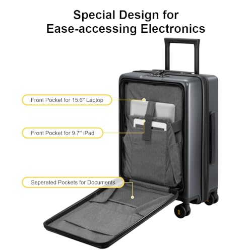 LEVEL8 Road Runner Carry On Luggage with Front Compartment, 20 Inch Lightweight Hard Shell Suitcases with Wheels Airline Approved, Tsa Locks for Luggage, Grey,21.46" x 14.57" x 9.45"