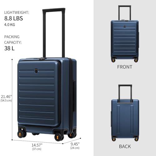 LEVEL8 Road Runner Carry On Luggage with Front Compartment, 20 Inch Lightweight Hard Shell Suitcases with Wheels Airline Approved, Tsa Locks for Luggage, Blue,21.46" x 14.57" x 9.45"