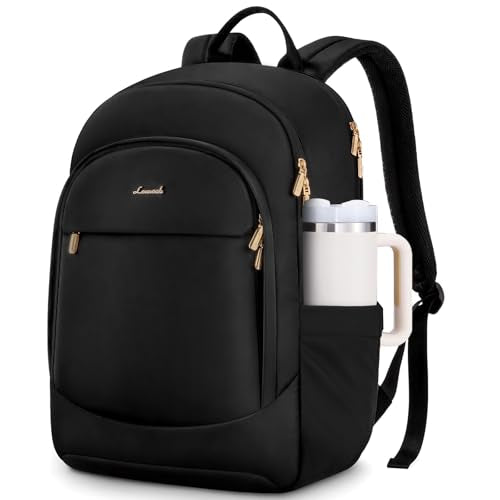 LOVEVOOK Travel Backpack for Women, 17.3 Laptop Backpack Women w/Large Tumbler Pockets, Water Resistant College Bookbag, Large Capacity Black Computer Backpacks for Work, Black