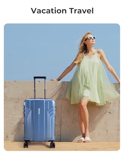 BAGSMART Expandable Carry On Luggage 22x14x9 Airline Approved, 1OO% PC Lightweight Hard Shell Suitcase, 20 Inch Travel Luggage with Spinner Wheels, Waterproof Rolling Suitcase,Blue