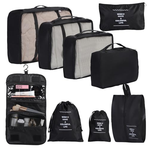 9 Set Packing Cubes for Travel Essentials, Suitcase Organizer Bags for Airplane Road Trip Camp - Black