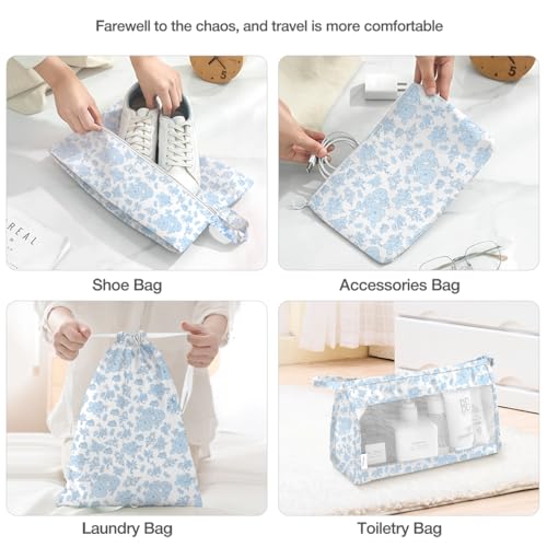 8 Set Packing Cubes for Suitcases,Packing Cube with Shoe, Cosmetics, Clothing, and Accessories Bags Packing Cubes for Travel Luggage Organizer Women Men(Blue Flowers)
