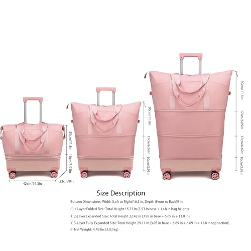 Dufanxi Expandable Rolling Travel Bag with Removable Wheels & Handle, Large Capacity Wheeled Duffle Tote, Foldable Carry On Luggage for Women, Lightweight Weekender Overnight Bag (Pink)