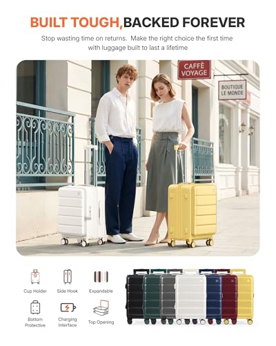 ISLAND ELEPHANT Expandable 20Inch Carry On Luggage Airline Approved - Top Opening Hardside Travel Suitcase Unbreakable -with Cup Holder,USB Charge,Side Pothook, 360°Spinner Wheels, TSA Lock-Grey