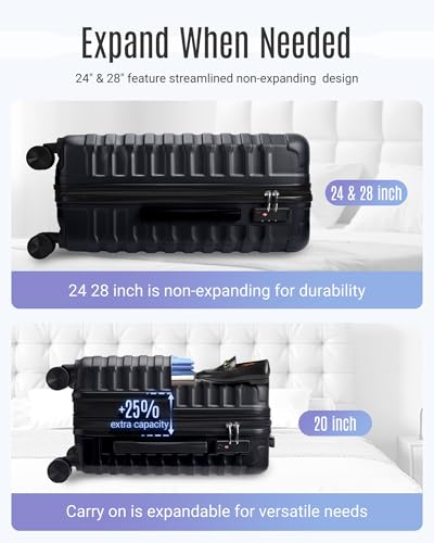 LIGHT FLIGHT Luggage Sets, 3 Piece Durable Suitcase Set with Spinner Wheels, 3 Pcs Hardside Lightweight luggage with TSA Lock, Large Checked Travel Suitcases, 20/24/28 Inch, Black