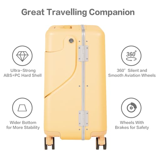 smilesun 20" Carry On Luggage with Seat For Kids & Adults，Hardside Ride On Suitcase with 360°Spinner and TSA Lock For Travel (Yellow, 20")