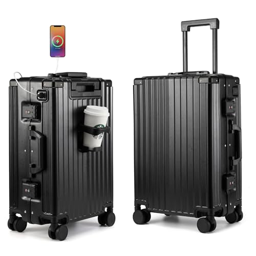 MYER Hard Shell Carry On Luggage 22x14x9 Airline Approved,20 Inch Aluminum Luggage with 100% 3-Layer PC,Carry On Suitcases with Wheels,Cup Holder and USB Port