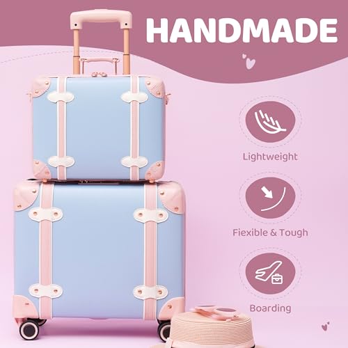 Miss.Box Vintage Carry On Luggage Set with Wheels for Women, Retro Trunk Style PU Leather Suitcase with Matching Vanity Case, 14” & 18” Set