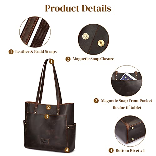 S-ZONE Genuine Leather Tote Bag Large Shoulder Purse Work Vintage Handbag for Women-dark brown