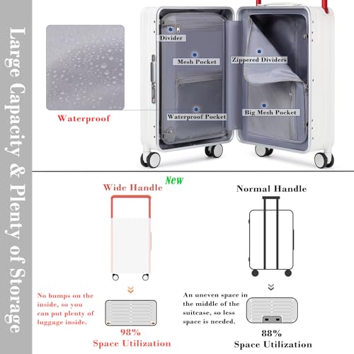 Somago Carry On Luggage Wide Handle 20 Inch Suitcase with Front Compartment Aluminum Framed PC Hardside 22x14x9 No Zipper Business Baggage with Spinner Wheels USB Charging Port TSA Lock