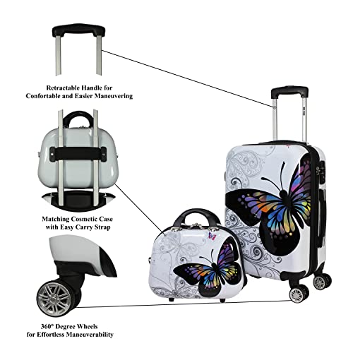 World Traveler VentureX Airline Approved 2-Piece Carry-On Luggage Set – Lightweight Hardside Polycarbonate Suitcase with Spinner Wheels - Butterfly