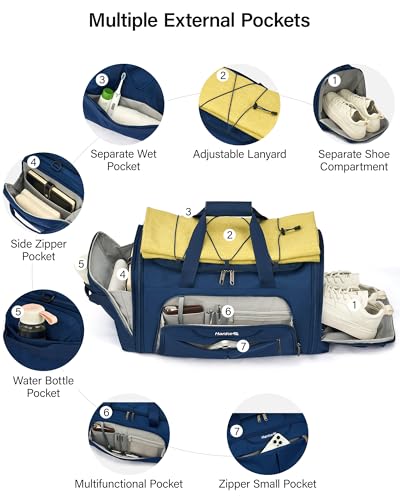 Hanke Expandable Carry On Luggage Bag,3 in 1 Duffle Bag for Travel,45L-55L Weekender Overnight Bag with 15.6" Compartment for Women & Men (Blue)