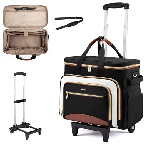 LOVEVOOK Rolling Teacher Bag with Detachable Dolly and Laptop Compartment, Large Rolling Tote Bag fits for 17.3" Laptop for Teacher Office Work Craft Nurse, Black-beige-brown