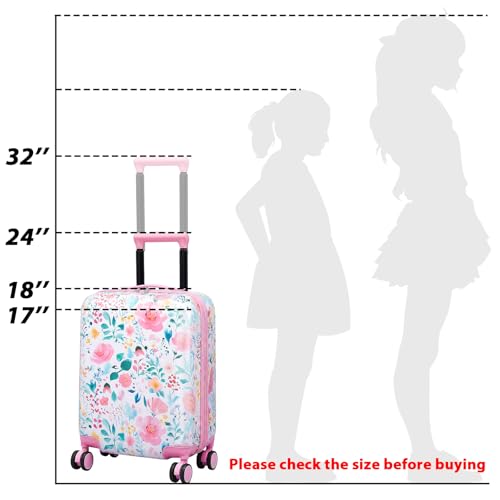 Sanwuta 4 Pcs Kids Luggage Set Carry On Rolling Suitcase Backpack Neck Pillow Travel Set Gift for Girls Boys Summer Camp(18 Inch,Flower Style,Pink Green)