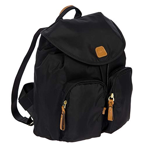Bric's X-Travel Piccolo City Backpack 10", Water-Resistant Satin Nylon Daypack with Leather Details, Drawstring Closure, Adjustable Straps and Multi-Pocket Organization - Black