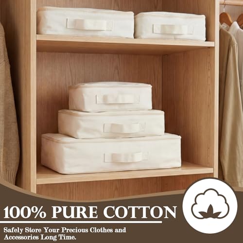 Shinymoon 3 Set 100% Cotton Packing Cubes with Handle Travel Luggage Storage Organizer Bags Beige Suitcases Bags Durable Zippers for Clothes Shoes Storage Weekend Plus Set(Regular Styles)